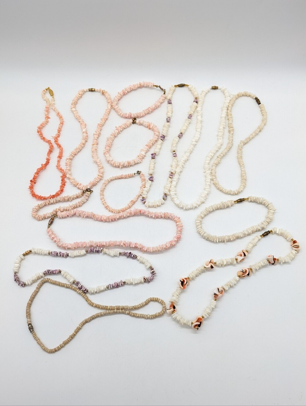 Vintage Cream White Purple Pink Puka Beach Surfer Necklace & Bracelet Bundle
